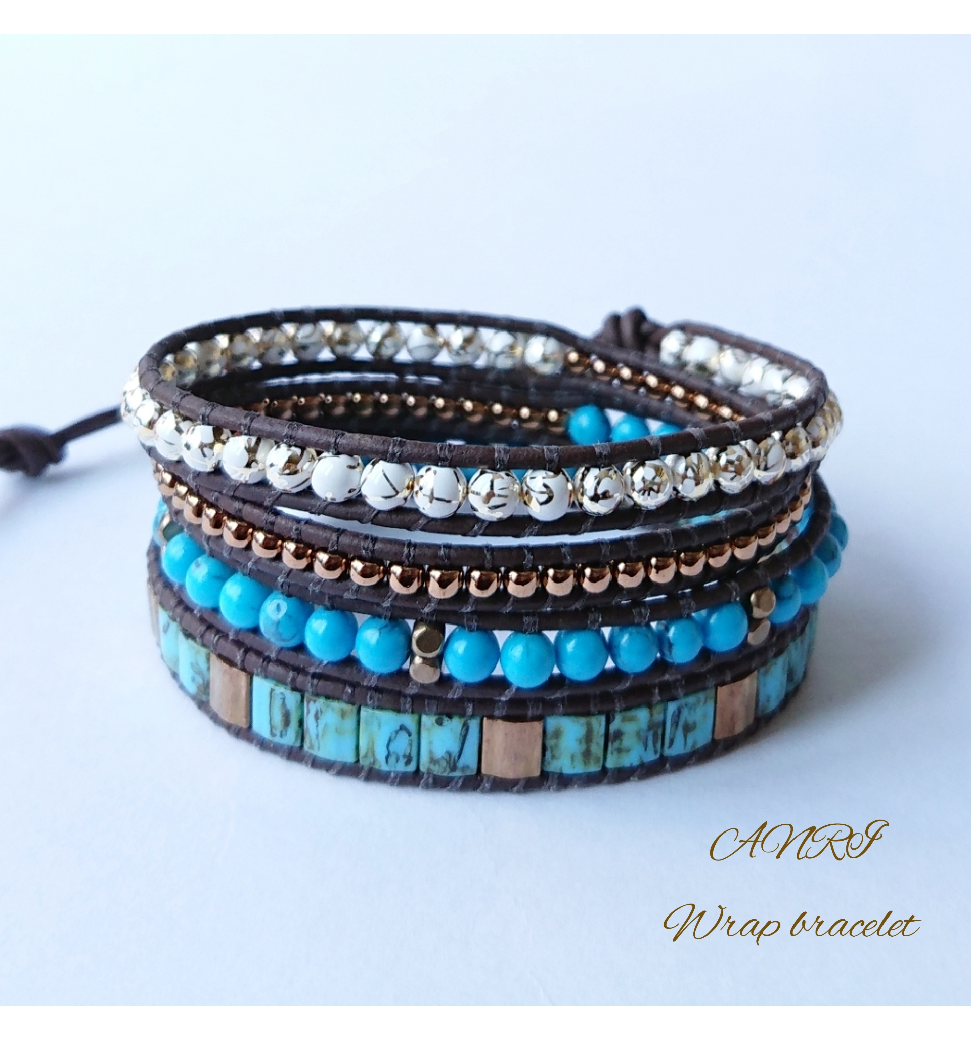 本革＊ティラとブルーターコイズ＊ラップブレスレット   ♢﻿定形外郵便送料無料♢﻿