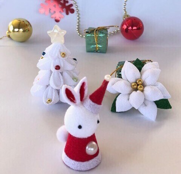 白 ポインセチア うさぎ クリスマスツリー サンタ つまみ細工 12月 X