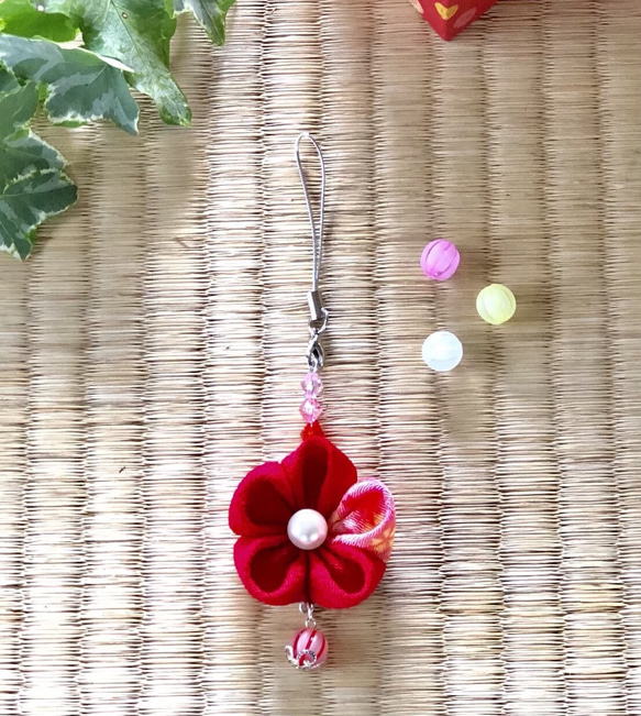 つまみ細工 和風 ストラップ ④赤系 キーホルダー 根付 プレゼント 母