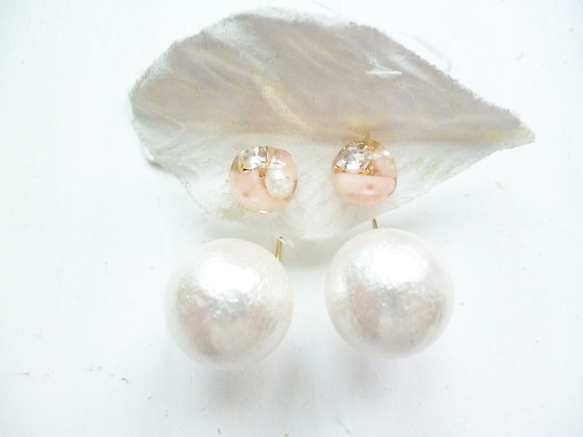 【受注生産】cotton pearl pink coral pierced 1枚目の画像