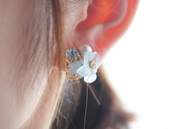 【14kgf】晶透花朵夾式耳環／耳環（粉紅） 第3張的照片