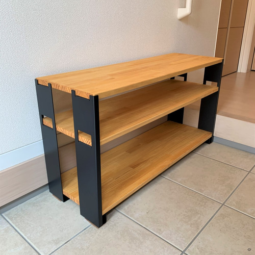 WIDE収納棚2段 ブラック パイン集成材（玄関収納・靴棚・本棚） 靴箱