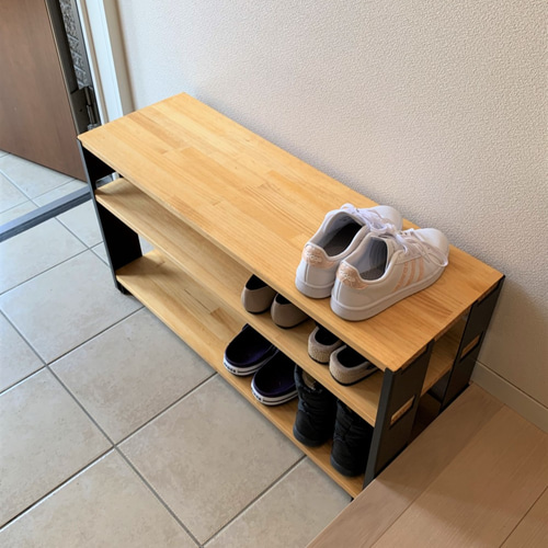 WIDE収納棚2段 ブラック パイン集成材（玄関収納・靴棚・本棚） 靴箱