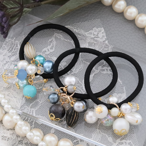 じゃらじゃら ヘアゴム キレイ～♡マットグリーン/フラワー