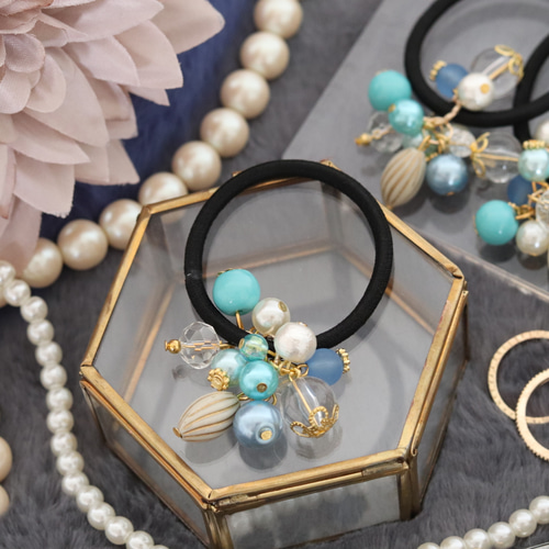 じゃらじゃら ヘアゴム ✩.*˚クリアゴールド×オリーブ✩.*˚