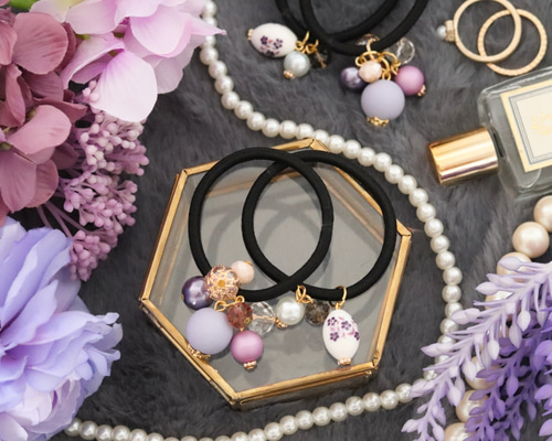 ジャラジャラヘアゴム パープルピンク/グリーン/フラワー