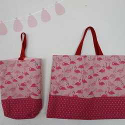 フラミンゴ×ピンク☆レッスンバック&シューズ袋二点セット 1枚目の画像