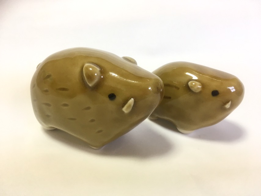 イノシシ親子 黄瀬戸釉