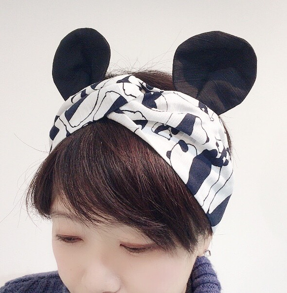 パンダターバン 耳付きターバン 親子パンダ 耳ブラック ヘアバンド 