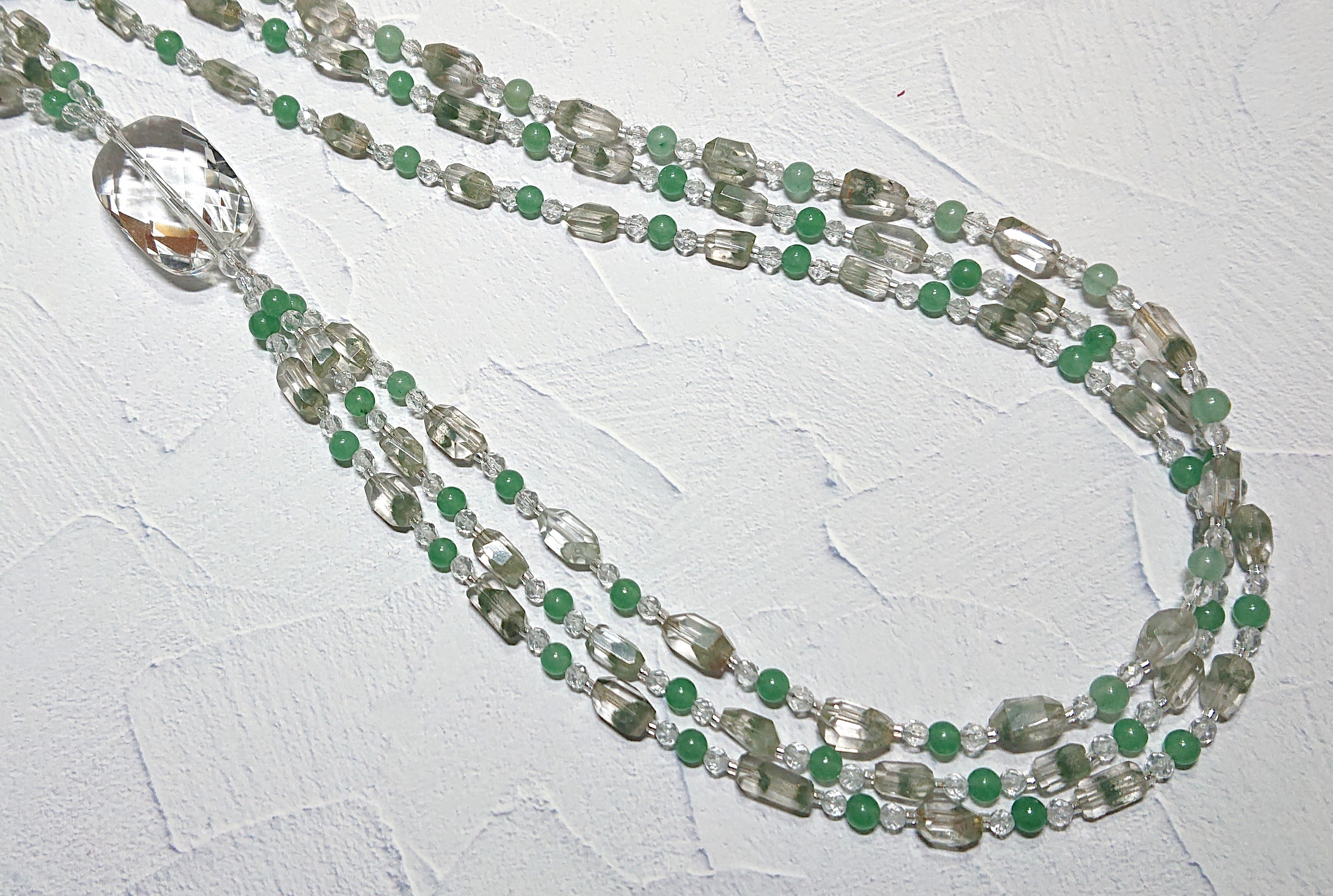 グリーンファントムクォーツ 3連 デザイン ロングネックレス