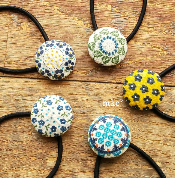 ヘアゴム 5本セット(27㎜)【linen＊F set】＊polish pottery＊ 花柄 小花 東欧 北欧 髪飾り 2枚目の画像