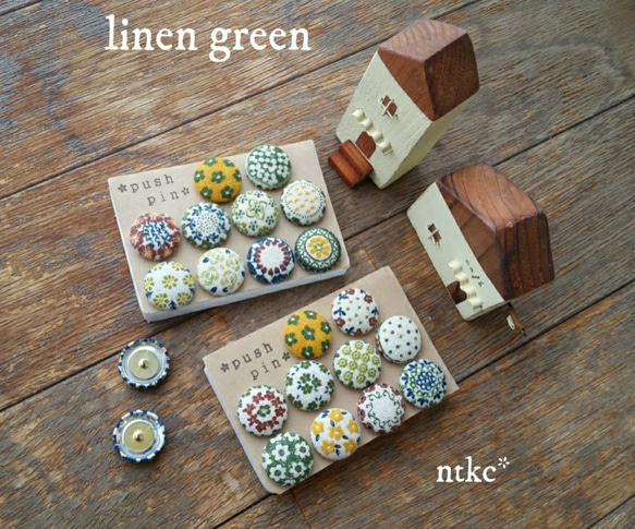 プッシュピン 10個セット【linen green】＊polish pottery＊ 押しピン 画鋲 北欧 東欧 花柄 1枚目の画像