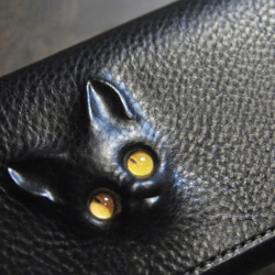 黒猫の長財布（表革：VACCHETTA800、仮セット猫目：琥珀色eyes）約223ｇ 猫目選べます♪ 2枚目の画像