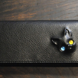 黒猫の長財布（表革：VACCHETTA800、仮セット猫目：オッドeyes）約258ｇ 猫目選べます♪ 1枚目の画像