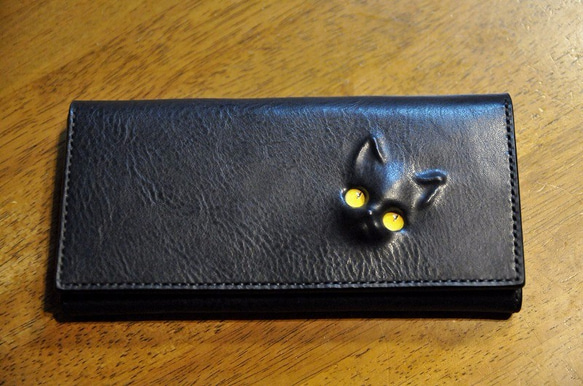ネイビー猫の長財布　（内装：グレー）　猫目選べます♪ 2枚目の画像