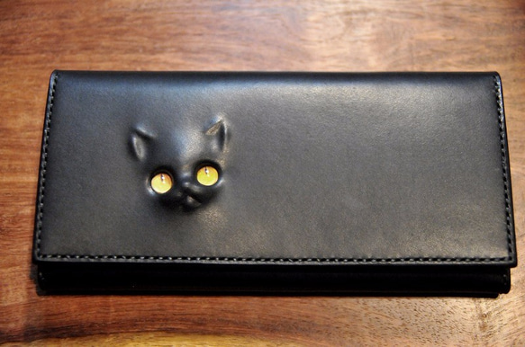 黒猫の長財布　（内装：炭黒）約250g　猫目選べます♪ 2枚目の画像