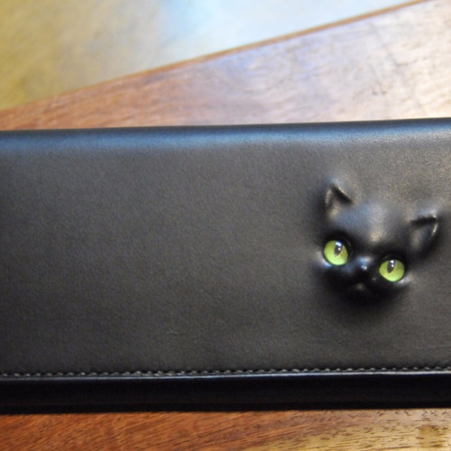 黒猫の長財布 （内装：ダークグレー）約221g 猫目選べます♪ 長財布