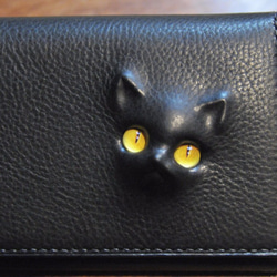 new黒革　黒猫の長財布  （内装：黒）約274ｇ  猫目選べます♪ 1枚目の画像