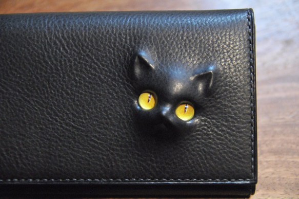 new黒革　黒猫の長財布  （内装：黒）約274ｇ  猫目選べます♪ 1枚目の画像