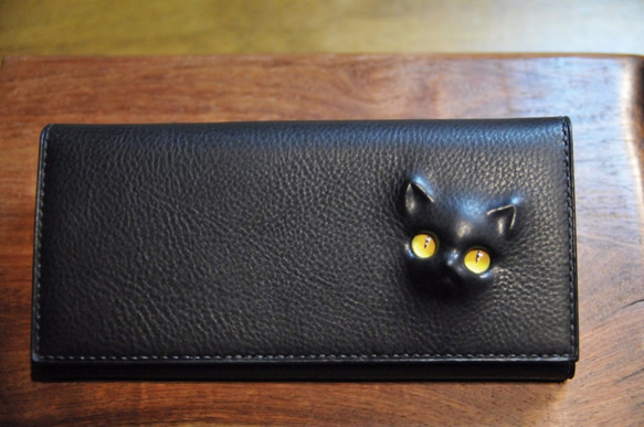 new黒革　黒猫の長財布  （内装：黒）約274ｇ  猫目選べます♪ 2枚目の画像