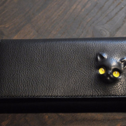黒猫の長財布  （内装：ダークグレー／ブラック）約237ｇ  猫目選べます♪ 2枚目の画像
