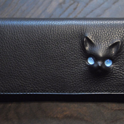 黒猫の長財布  （表革：conceria800社、内装：ダークグレー／ブラック）約244ｇ  猫目選べます♪ 2枚目の画像