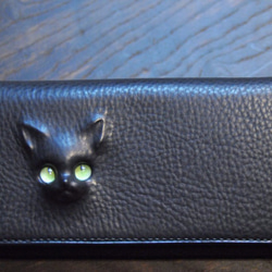 黒猫の長財布  （表革：conceria800社、内装：ダークグレー／ブラック）約242ｇ  猫目選べます♪ 2枚目の画像
