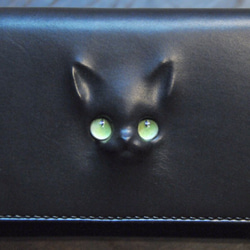 黒猫の長財布 （表革：TEMPESTI社、内装：ダークグレー／ブラック）約262ｇ  猫目選べます♪ 1枚目の画像