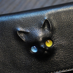 黒猫の長財布A（表革：ALRAN社「patina sauvage」、内装：キャメル） 約207ｇ  猫目選べます♪ 1枚目の画像