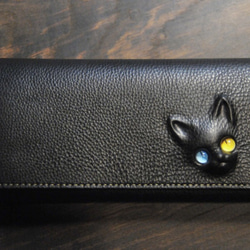 黒猫の長財布C（表革：イタリア VACCHETTA800、内装：キャメル/ブラック） 約238ｇ  猫目選べます♪ 1枚目の画像