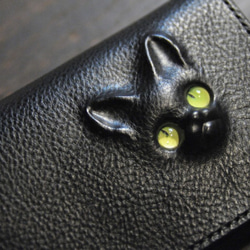 黒猫の長財布（表革：VACCHETTA800、仮セット猫目：ピスタチオ・グリーンeyes）約250ｇ 猫目選べます♪ 2枚目の画像