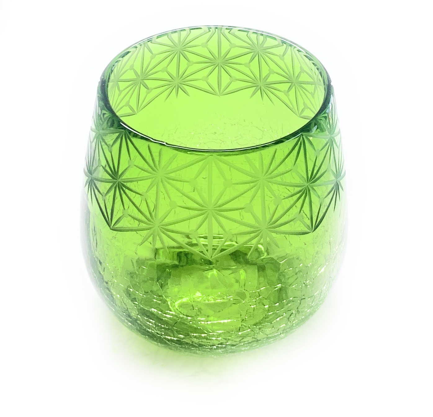 琉球ガラスｘ東京切子(花切子）グラス　丸　千代紙　緑