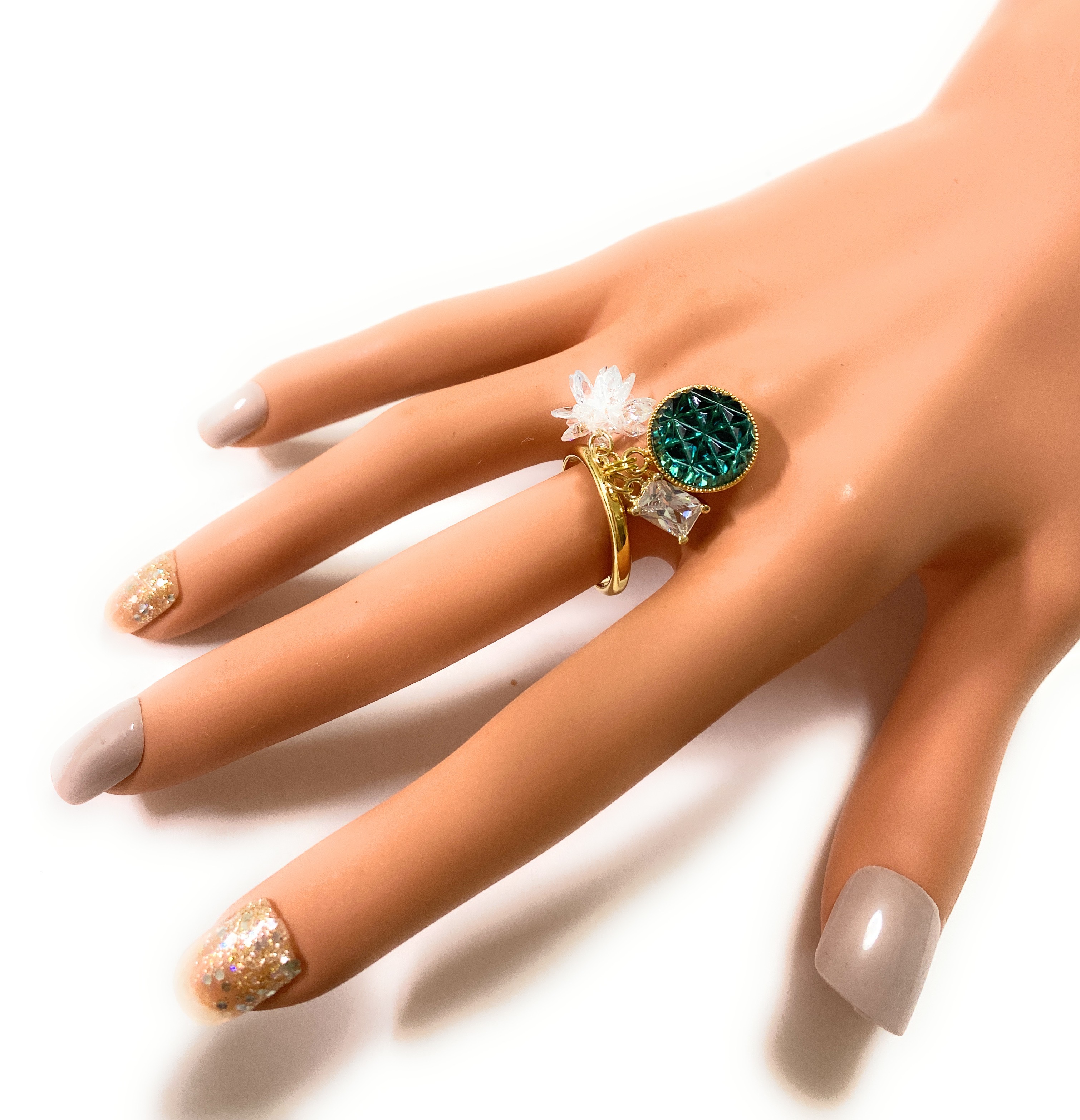 東京切子リング　麻の葉　ダークブルー　シャンデリア　ゴールド