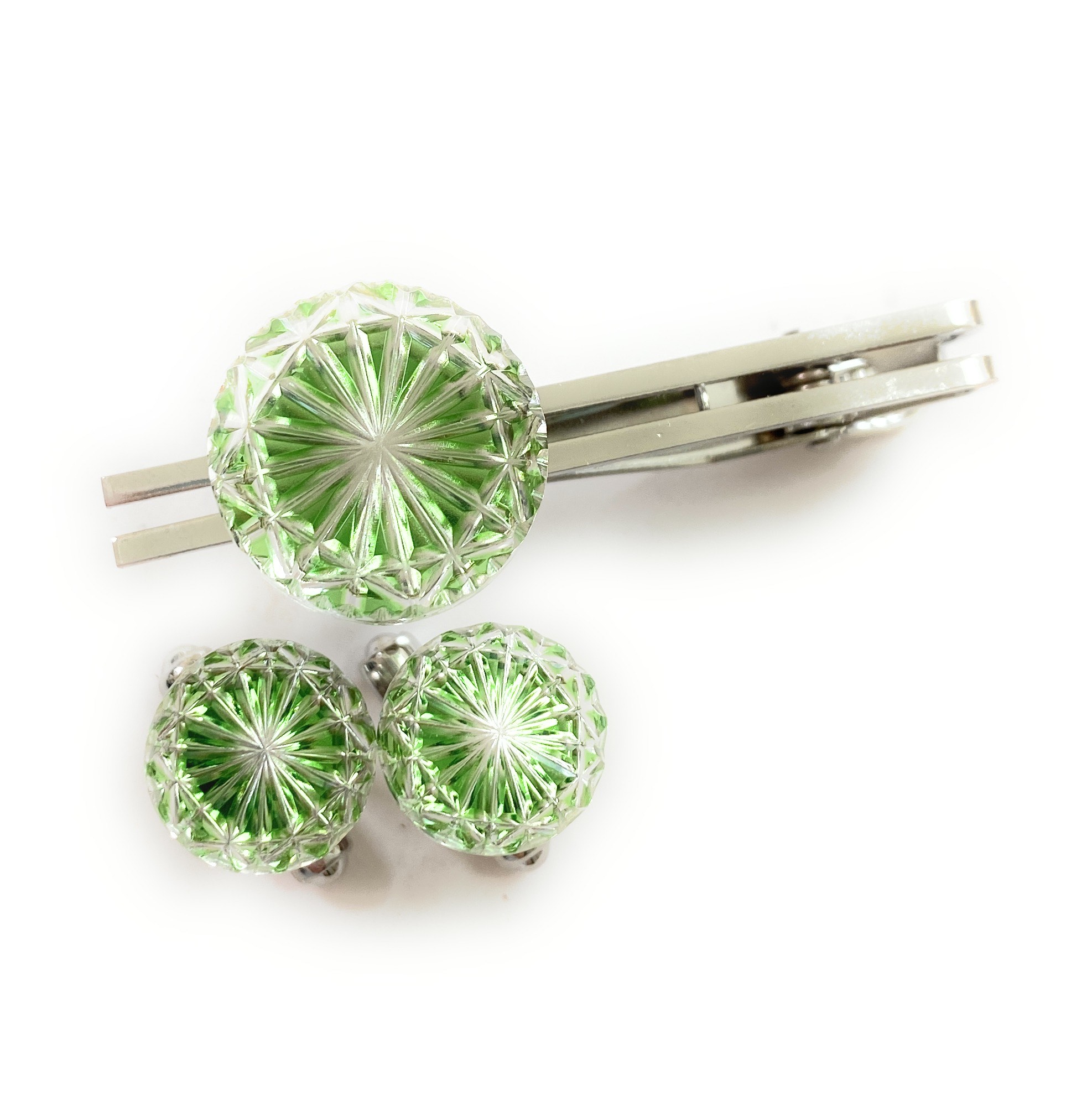 東京切子タイピン・カフスセット　菊　ライトグリーン