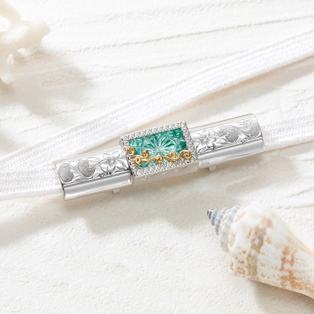 KILIKO　JEWELRY（東京切子）×　ハワイアンジュエリー 帯留　菊　ピーコックグリーン