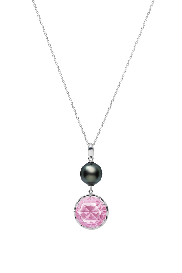 KILIKO JEWELRY(東京切子）ネックレス　麻乃葉　丸　Amethyst　+　黒蝶パール 1枚目の画像