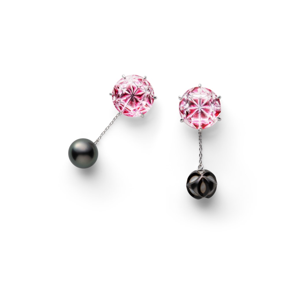 KILIKO JEWELRY(東京切子）ピアス　Refrection 　麻乃葉  金赤　雅七宝パール