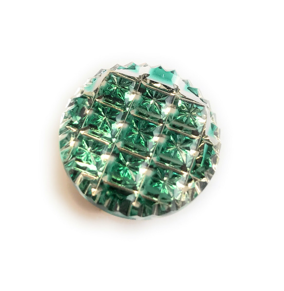 東京切子帯留め　丸　輝市松　～かがやきいちまつ～　/　ダークグリーン・ゴールド                                     約22mm x 22mm ゴールドコーティング台座(KILIKO台座・ポーチはネット販売のみの付属品です）お客様の D1446650957(11000円)