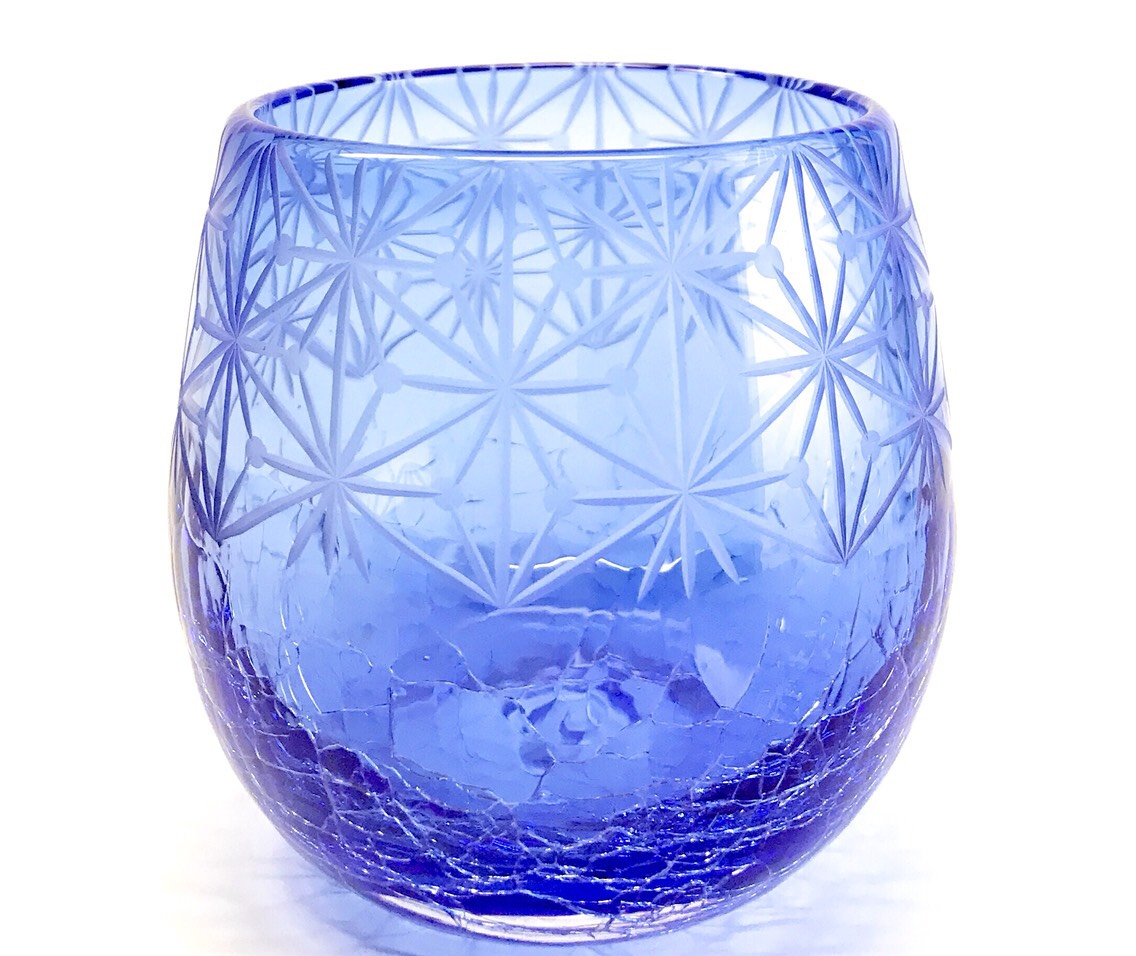 琉球ガラス　×　東京切子(花切子）丸　千代紙　蒼