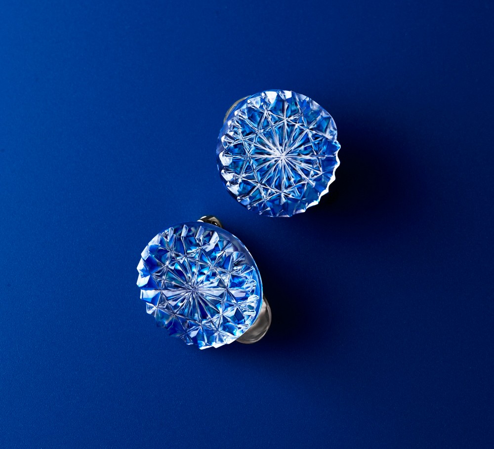 東京切子イヤリング　ひまわり　青　（クリップ型）