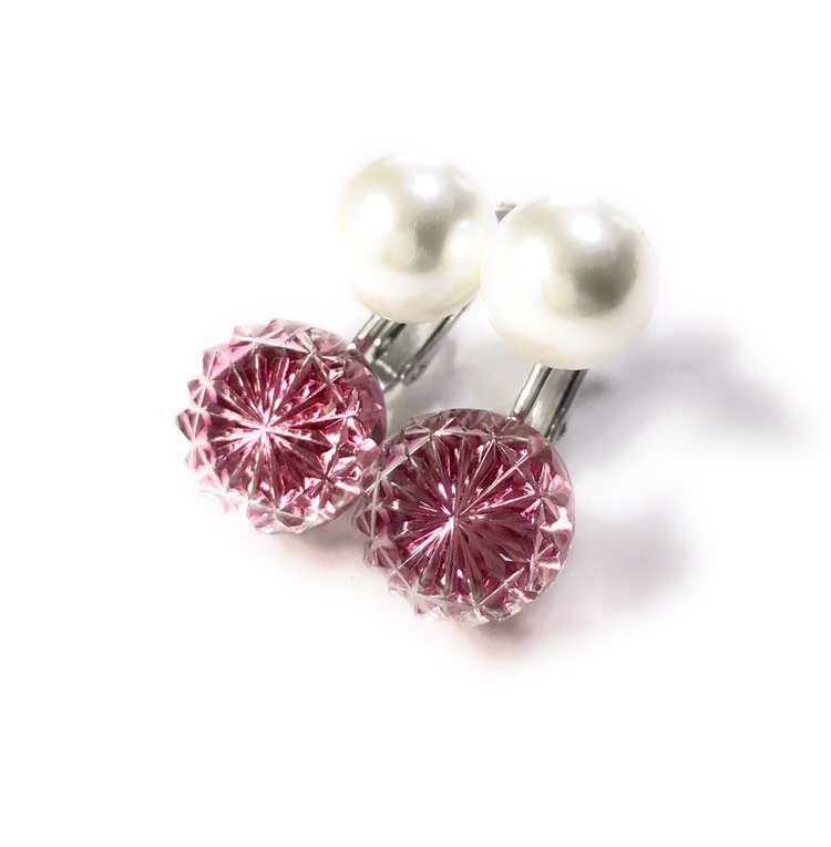 東京切子イヤリング　菊・パール　金赤