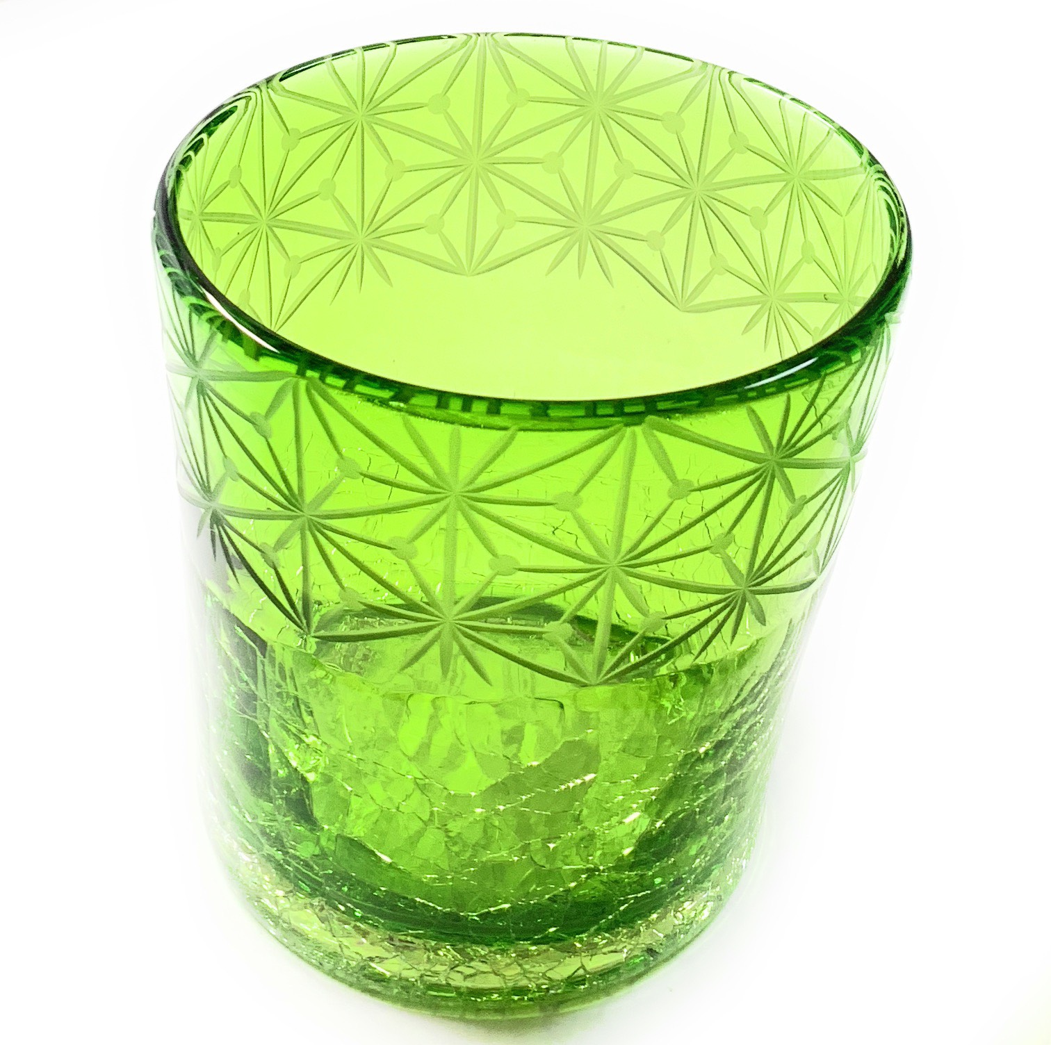 琉球ガラスｘ東京切子(花切子）ロックグラス　千代紙　緑