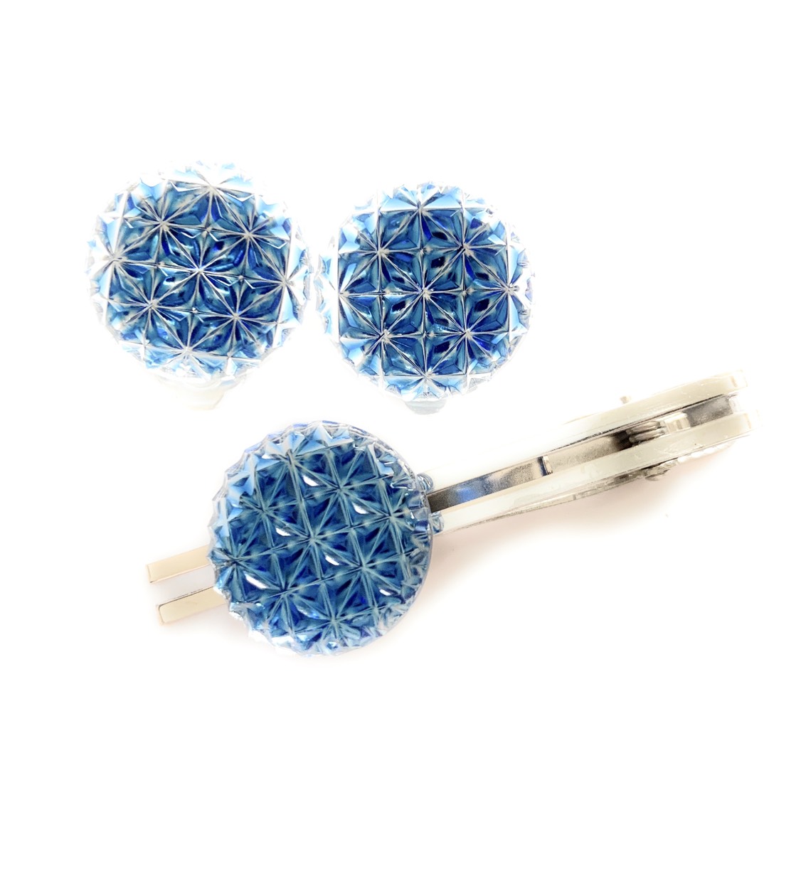 結婚祝い　男女ペアセット　東京切子　タイピン・イヤリング　麻の葉　青