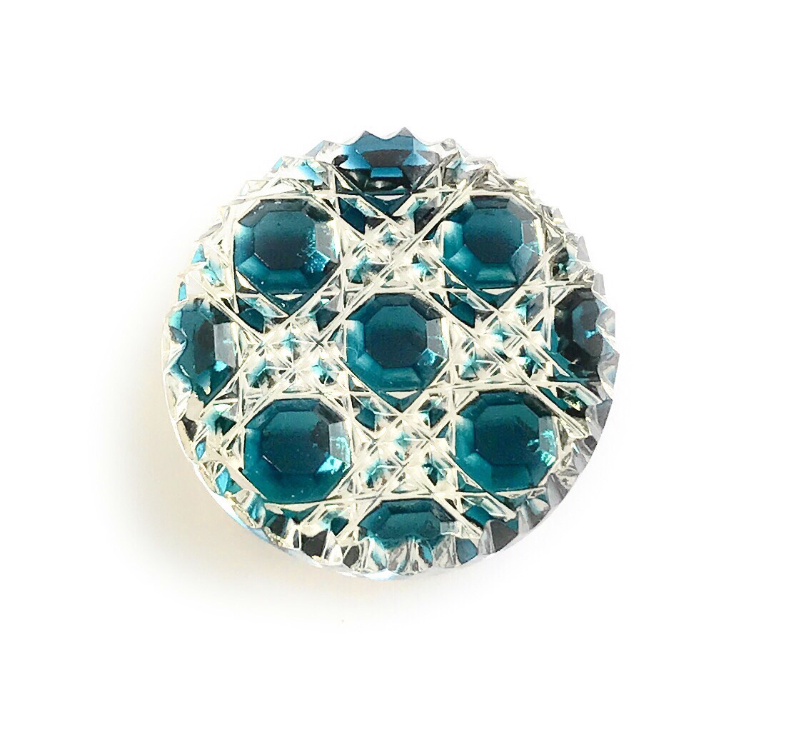 東京切子帯留め　丸　光籠目　ダークブルー・ゴールド