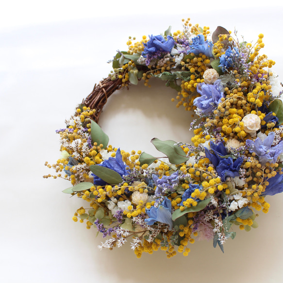 ミモザとデルフィニウムのハーフリース ドライフラワー amijus 通販