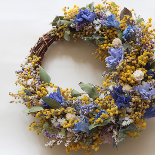 ミモザとデルフィニウムのハーフリース ドライフラワー amijus 通販