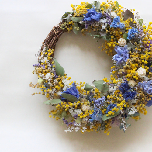 ミモザとデルフィニウムのハーフリース ドライフラワー amijus 通販