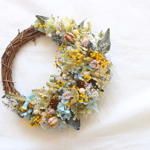 ミモザと紫陽花のリース ドライフラワー amijus 通販｜Creema(クリーマ  