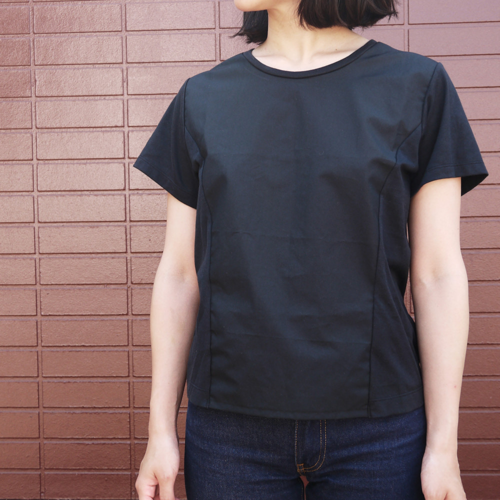 シャツ生地×ジャージー　ミニマルカットソー　半袖　ブラック　S