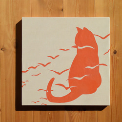 【受注製作】ネコと夕焼けカモメ ファブリックパネル【ポップアート】 1枚目の画像